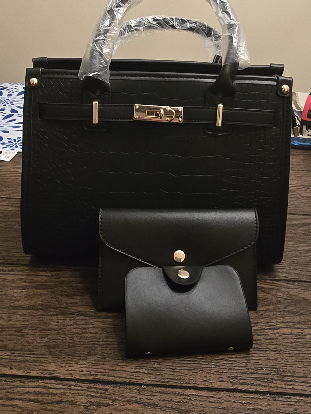 Black Structured Croc-Embossed Satchel with Matching Wallets